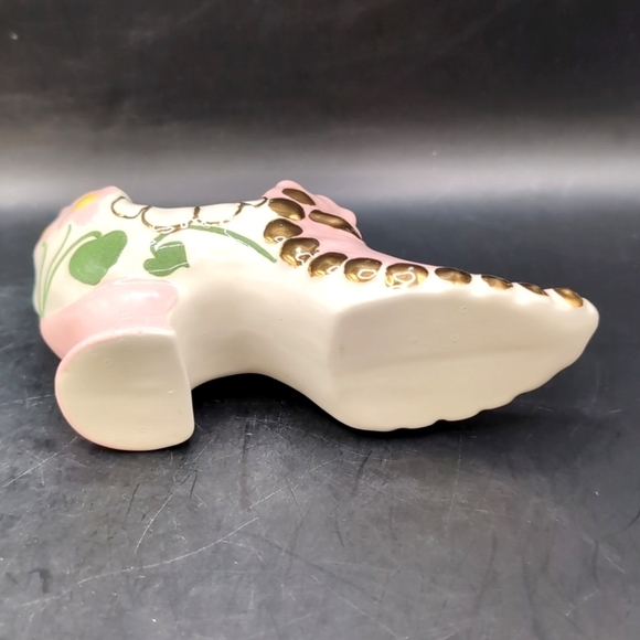 Vintage Porcelain Pink Glazed Pump / Shoe - Floral Decoration Gold Tone Accents - Picture 11 of 13